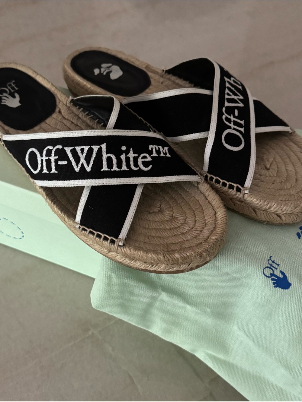Off-White Black and White Crossband Espadrille Slide Sandals